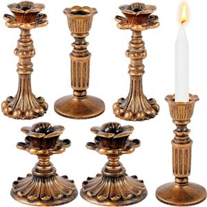 Suclain 6 Pcs Vintage Candlestick Holders Taper Resin Candle Holder Retro Antique Candle Holder Floral Decorative Candlesticks for Wedding Anniversary Table Centerpieces Fireplace Home Decor(Bronze)