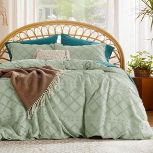 Bedsure Boho Duvet Cover Queen Size - Sage Green Breathable & Soft Boho Bedding, Machine Washable Comforter Cover for All Seasons, Includes 1 Duvet Cover 90"x90" with 2 Pillow Shams & Zipper Closure