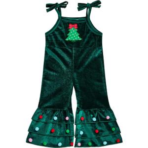 Christmas Baby Girl Outfit Christmas Tree Sleeveless Velvet Romper Jumpsuit Bell Bottom Pants Toddler Fall Clothes (12-18 Months, Green)