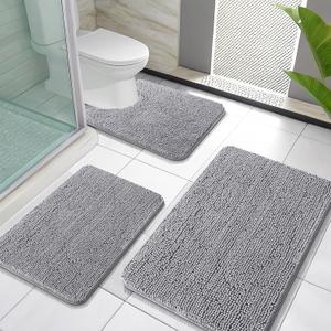 OLANLY Bathroom Rugs Sets 3 Piece, Soft Absorbent Chenille Bath Mats and U-Shaped Contour Toilet Rug, Quick Dry, Home Decor Accessories, Bath Mat Set for Bathroom (30"x20"+24"x16"+24"x20", Grey)