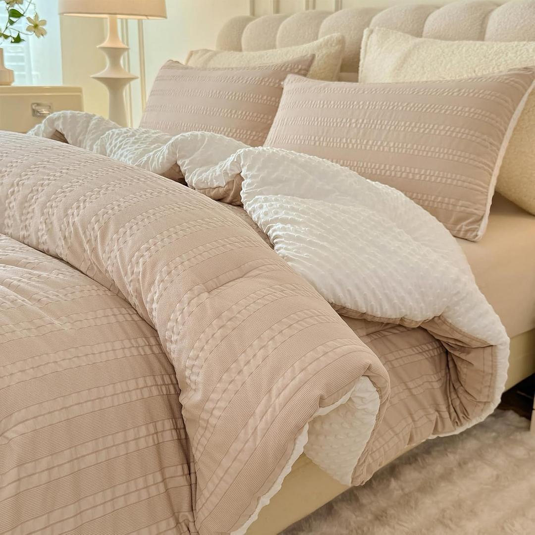 Boho Comforter Set Full Size Striped Pleats Bohemian Seersucker Bedding Set All Season Soft Cozy 3 Pieces Quilt with 2 Pillowcases(80"X90" Beige)