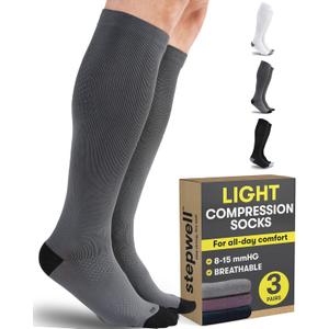 STEPWELL Light Compression Socks for Women & Men - 3 Pairs | 8-15 Breathable Compression Socks for Flying, Exercise, Support (Medium, Black/White/Gray - 3 Pairs)