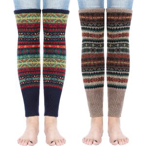 SATINIOR 2 Pairs Leg Warmers for Women Wool Leg Warmers Bohemian Winter Long Knit Boot Cuffs Socks for Women(Khaki, Navy Blue)