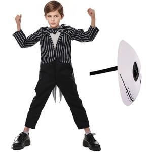 Jack Costume Kids Boys The Skeleton Skellington Jumpsuit and Mask Outfits Christmas Halloween Cosplay Props (5-7years)