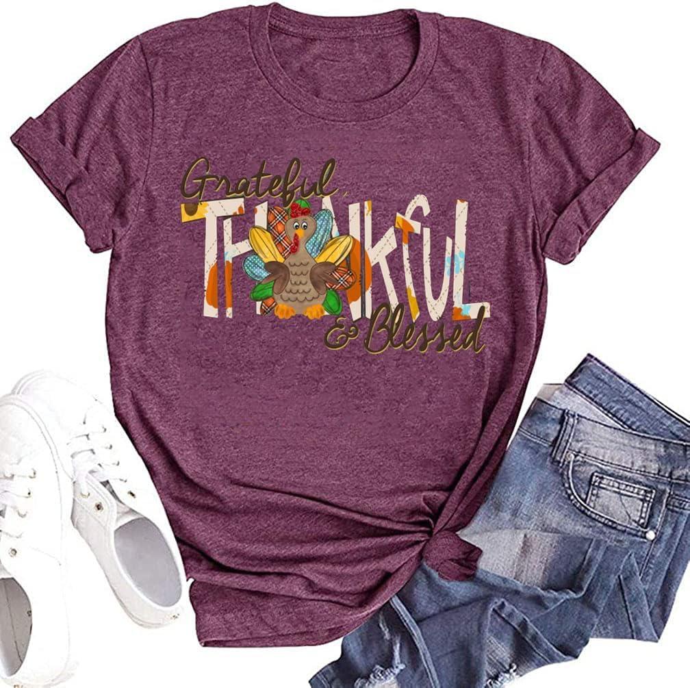 Fall T-Shirt for Women Halloween Pumpkin Shirt Thanksgiving Family Funny Turkey Graphic Shirts Casual Autumn Tee Tops. (Purple, M)