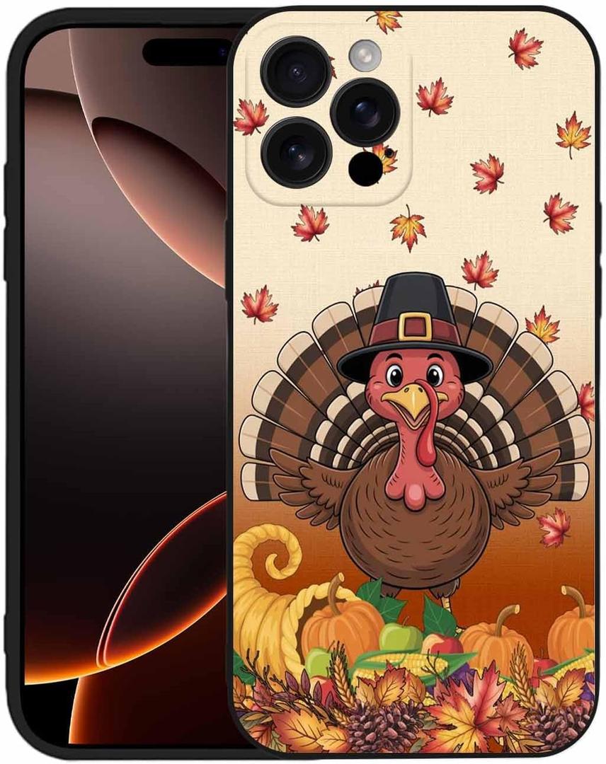 Compatible with iPhone 14 Pro Case 6.1 inch, Thanksgiving Turkey Phone Case Ultra Slim Thin Pumpkin Maple Leaf Silicone Cover Anti-Scratch Shockproof Protective Fall Harvest Rubber Cover (Orange Brown)