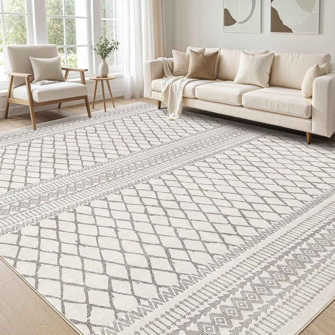 cotiled 9x12 Area Rug Living Room: Washable Boho Rugs with Non Slip Backing Large Soft Indoor Stain Resistant Carpet for Bedroom Farmhouse Dining Room Lightweight Home Decor Beige/Gray
