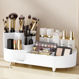Rotating Makeup Organizer, Large Capacity Cosmetic Display Case, Holds At Least 20 Makeup Brushes/Eyeliners, 10 Lipsticks, 8 Skincare Products, White