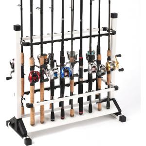 24-Rod Aluminum Fishing Rod/Pole Holder, Rustproof Fishing Rod Rack with 360 Lockable Wheels, Multi-Functional Storage Organizer for Garage & Home, Fits Most Rods & Golf Clubs (White)