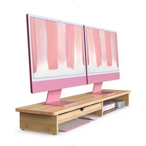 Bamboo Monitor Stand with Large Storage Drawer, 42 Inch Ergonomic Computer Riser for Desk, Screen Shelf with 5 Compartments for Keyboard & Stationery Organization Keyboard Storage