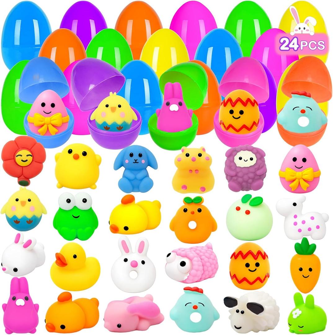 24 Pack Easter Eggs Filled with Mochi Squishy Toys ,Mochi Easter Egg Fillers Squeeze Stress Relief Toys Easter Basket Stuffers & Egg Hunt Prizes for Kids, Boys Girls