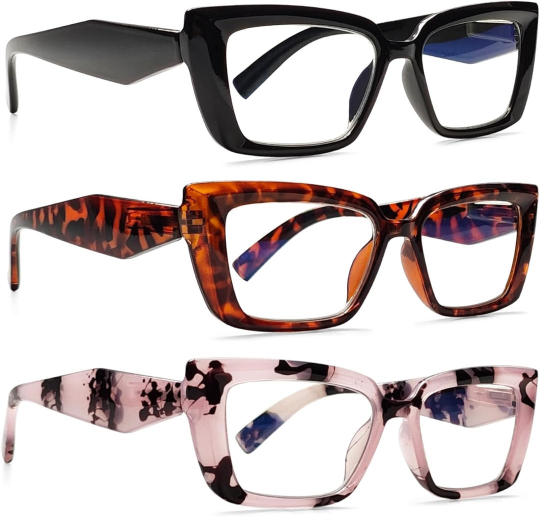 Stylish Blue Light Blocking Reading Glasses for Women 3 Pack with Spring Hinge, Multiple Strengths (3 Mix Color-2)