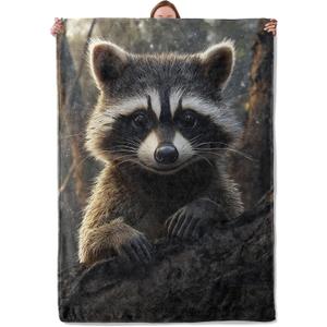 Cute Raccoon Flannel Blanket - Soft, Warm & Lightweight for Home, Travel & Decor -Color102, 60''x80''