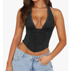 Women Sexy Lace Halter Neck Tank Top Sleeveless Backless Y2k Trendy Going Out Corset Crop Tops, L