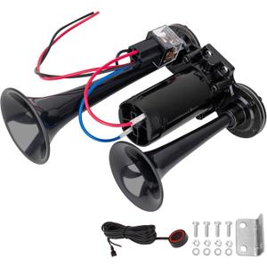 Train Horns for Truck, 12v Black Integrated Dual Tube Air Horn with Compressor and Button, Loud Horn with Relay Wiring Harness kit for Any 12V Vehicles