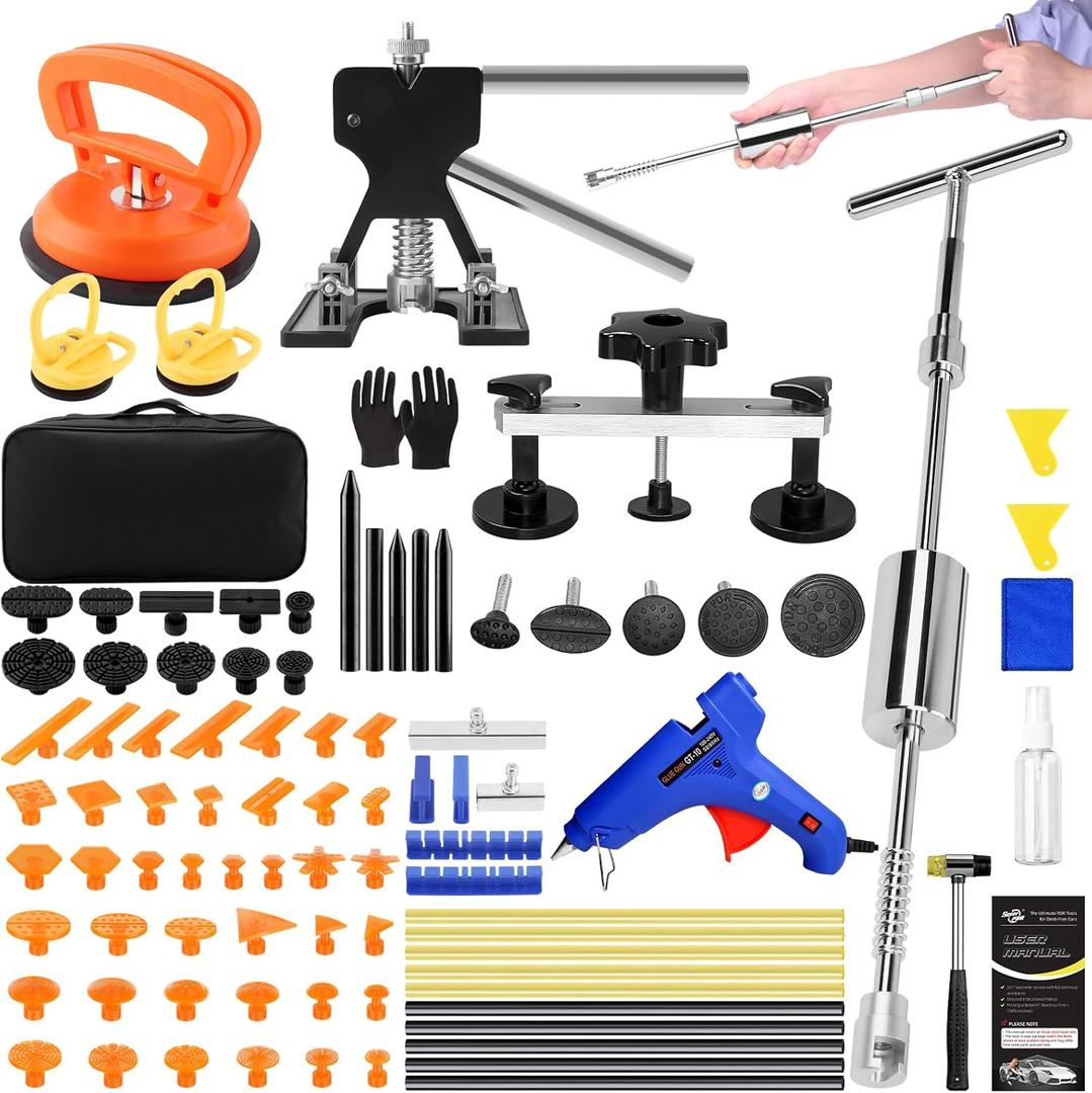 VEXTRO Dent Puller Kit, Paintless Dent Repair Tools with Dent Lifter, Bridge Puller, Slide Hammer T-Bar, PDR Car Dent Removal Kit with Glue Gun and Tabs for Auto Body Hail Damage