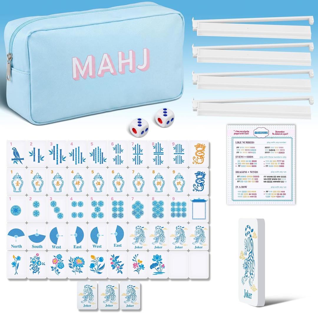Portable Mahjong Set 160 Pieces of Thin Mahjong Tiles and Soft Carrying Case, Rule Cards for Beginners Nice for Travel, Family Gatherings Nights(Vintage)