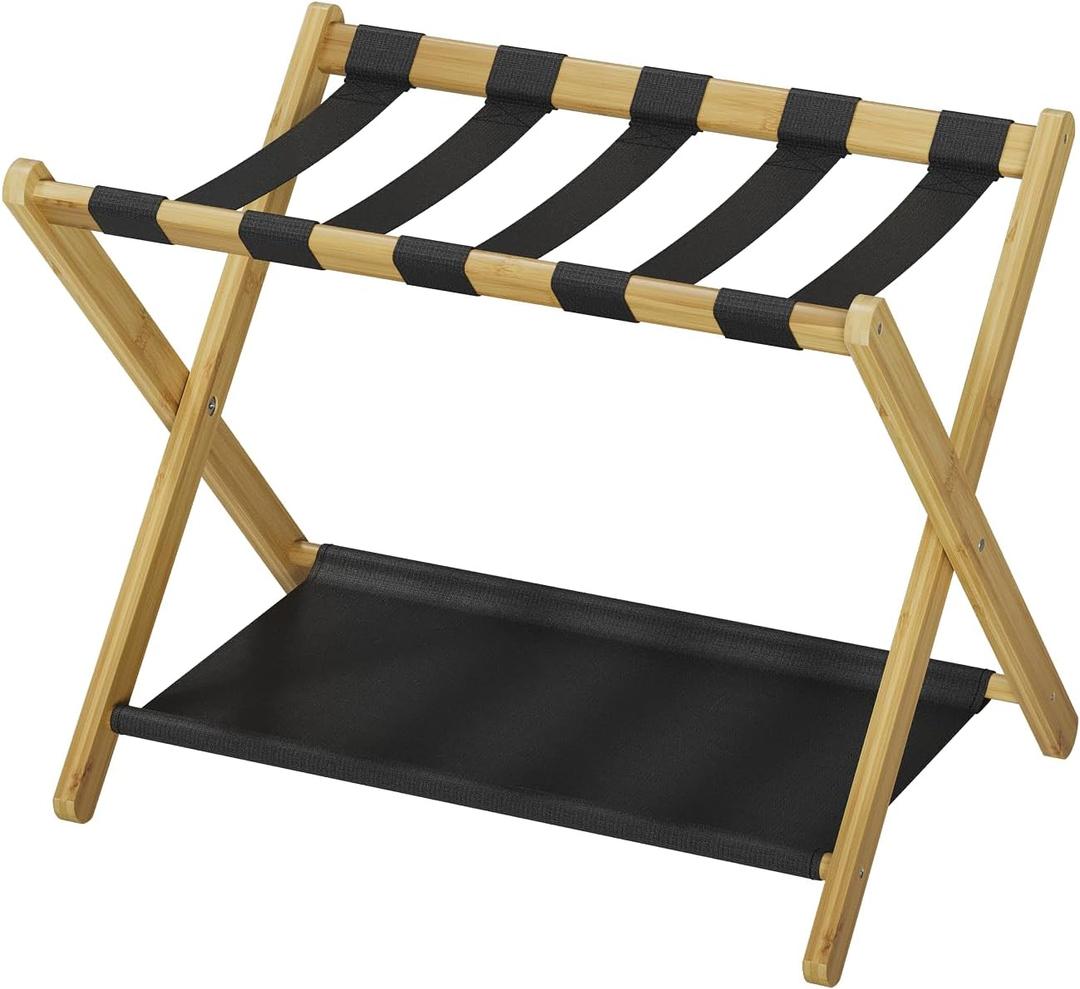 Smart FENDEE Luggage Rack, Folding Luggage Rack for Guest Room, Bamboo Suitcase Stand Holds up to 131 lb, Luggage Stand with Storage Shelf for Hotel, Bedroom (1 Pack)