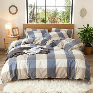 DONEUS 100% Washed Cotton Duvet Cover Set Super Soft Breathable Comfy Natural Linen Like Textured Bedding Set 3 Pieces with Zipper Closure (Blue Tan Plaid, Queen)