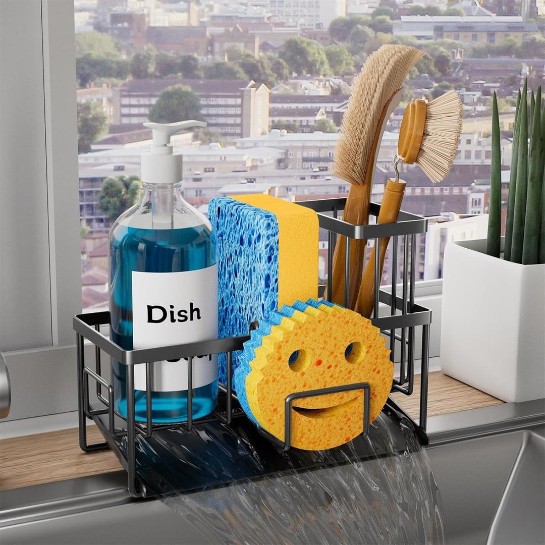 Vanwood Sponge Holder for Kitchen Sink with Self Tray, Sink Caddy Cocina Organzier with Brush Holder, Dish Sponge Caddy for Kitchen Organizers Storage Essentials (Mattle Black, 8.20"3.54"5.50")