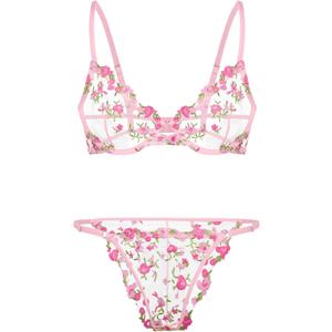 Lilosy Sexy Floral Embroidered Mesh Sheer Underwire Lingerie Set (Small, Flower Pink)
