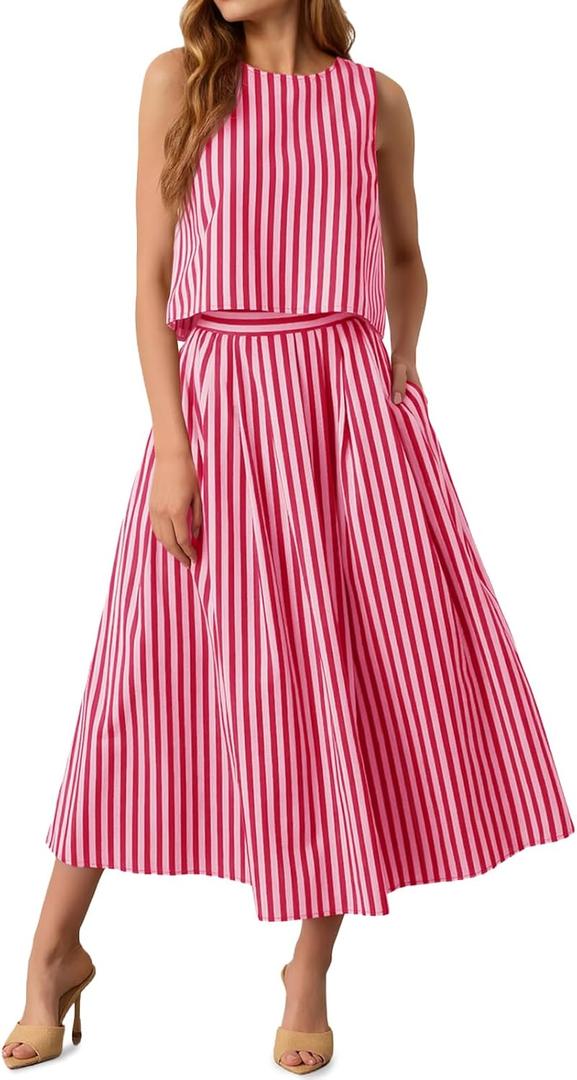 Tankaneo Womens 2 Piece Skirt Sets Summer Striped Sleeveless Tank Tops Midi Dress Travel Vacation Outfits Matching Sets XXL