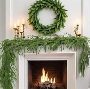 2 Pcs 9Ft Artificial Real Touch Norfolk Pine Garlands, Green Artificial Greenery Garland, Christmas Garland for Front Door Outside Table, Staircase, Banister, Mantle, Indoor, Outdoor Decorations