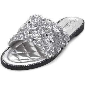 Shoe Land Joli Women's Flat Sandals, Fashion Sparkly Slides, Open Toe Rhinestone Slippers, Glitter Bling Casual Sandals with Cushioned Footbed for Summer, Daily Wear, and Party (8.5)