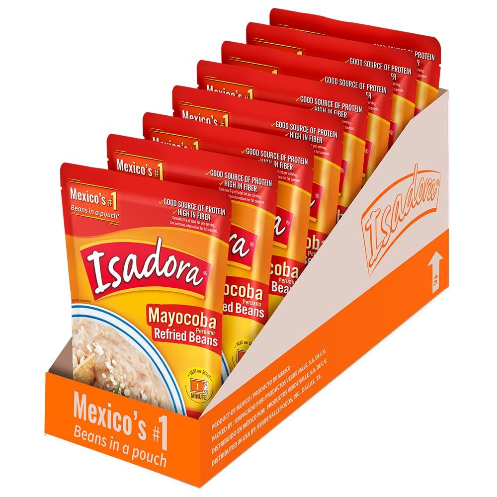 Isadora Mayocoba Refried Beans in Pouch (Pack of 8), Delicious Peruvian Refried Beans, Creamy, Buttery Texture, Microwave Food Premade Meals, Plant Based Protein for Tacos, Fajitas, Enfrijoladas,15.2 oz, BB Date Mar 2027