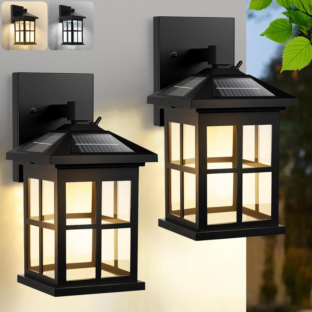 Solar Wall Lights Outdoor, Aluminum Solar Porch Lights Outdoor, Warm White/Cool White Selectable Exterior Waterproof Lanterns, Dusk to Dawn LED Wall Sconces with Glass Shades for Patio, 2-Pack