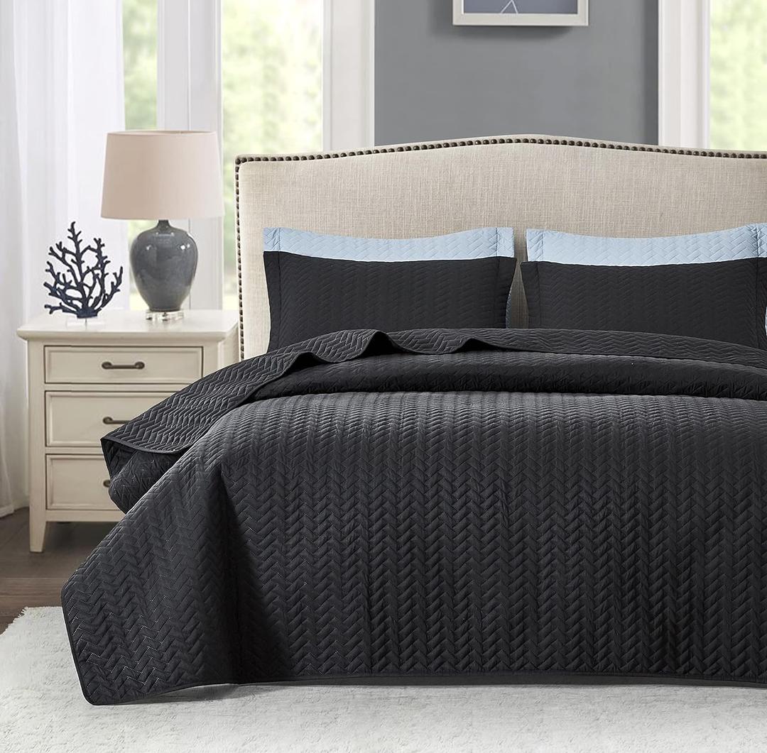 Maple&Stone Quilt Set Queen Size, Lightweight Black Bedspread Ultrasonic Chevron Pattern Light Coverlet for All Season Comforter Bedding Decor - 3 Piece Full Bed Cover Sets (Full/Queen (90'' x 96''))