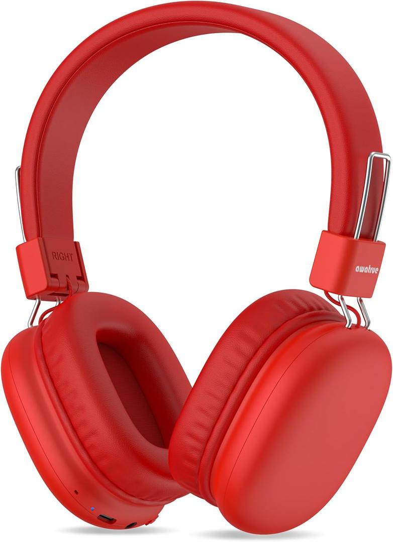 awatrue Kids Bluetooth Headphones, Over-Ear Wireless Headphones with Microphone, Safe-Volume 85dBA, Bluetooth 5.4, Foldable Lightweight and Comfortable, 50H Playtime, USB-C Charging, Red