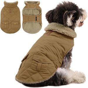 Queenmore Warm Puffer Dog Coat, Quilting Winter Jacket Ultra Thick Plush Lining with Storage Pockets (Beige Small)