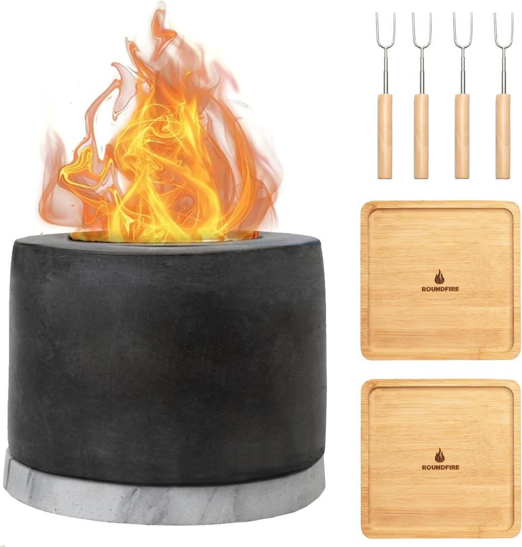 Roundfire Concrete Tabletop Fire Pit - Ethanol Fire Pit, Fire Bowl, Mini Personal Fireplace for Indoor & Garden - Bio Ethanol Fuel