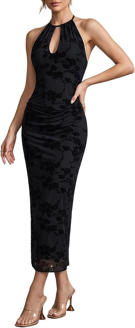 Women's Floral Ruched Bodycon Halter Dress Elegant Mesh Cut Out Midi Evening Party Dresses (Black, M)