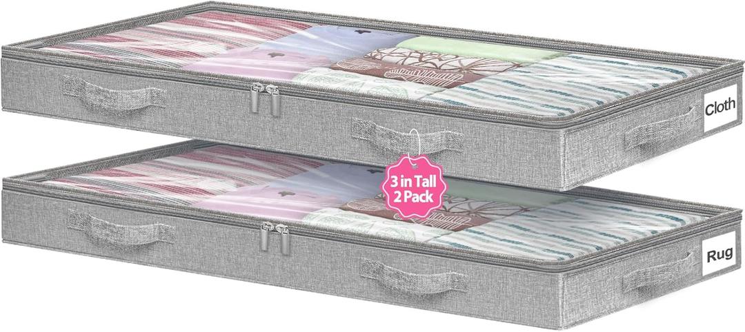 Low Profile Under Bed Storage, 3 Inches High Underbed Storage Containers Bins, NO STRUCTURE, Foldable Clothes Storage and Organizer with Lid & Zipper, Shallow Storage for Low Bed Couch Crib, 2-Pack