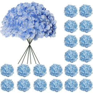 20 Pcs Blue Hydrangea Artificial Flowers Bulk, Faux Hydrangea Flowers Heads, Artificial Fake Silk Hydrangea Flowers with Stems, Blue Flowers Artificial for Decoration Wedding Dcor