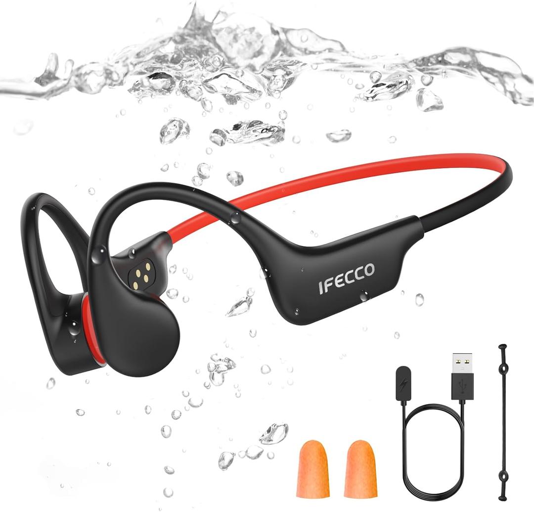 IFECCO Waterproof Headphones for Swimming - Bone Conduction Headphones Swimming Bluetooth 6.0,IP68 Waterproof Earbuds Underwater,Open Ear Earbuds with 8G MP3 for Swim Cycling Running
