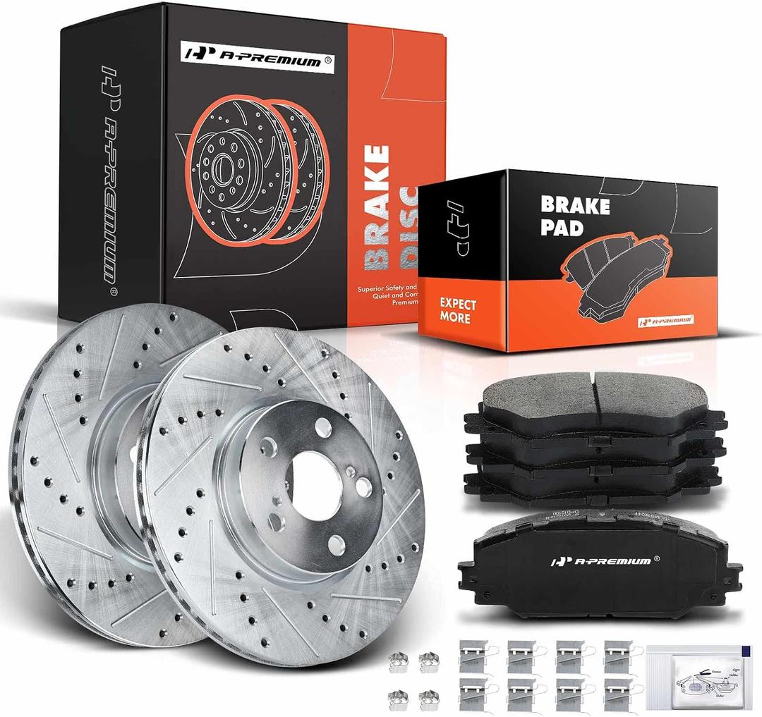 A-Premium 10.83 inch (275mm) Front Drilled and Slotted Disc Brake Rotors + Ceramic Pads Kit Compatible with Select Pontiac, Scion and Toyota Models - Vibe, xD, Corolla, Matrix, 6-PC Set