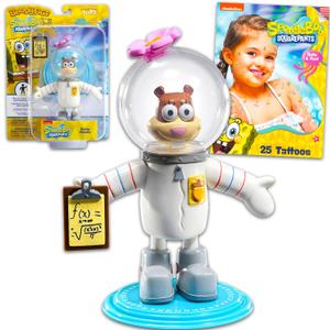 Spongebob Squarepants Sandy Collectible Figure Set - Bundle with Sandy Cheeks Action Figure and Display Plus Tattoos | 7" Spongebob Bendy Figure Toy
