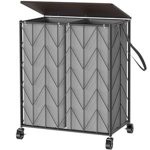WOWLIVE Laundry Basket with Wheels, Heavy Duty Laundry Hamper with Wood Lid, Clothes Hamper with Divided Removable Liner Bag, Large Capacity Iron-Made Laundry Sorter Laundry Room Organization (Grey)