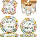 Kelfara 200Pcs Spring Baby in Bloom Baby Shower Decorations Plates Set, Wildflower Floral Baby Shower Paper Plates Napkins Cups and Gold Cutlery Set, Serve 25