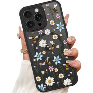 ZIYE Magnetic Case for iPhone 14 Pro Max 6.7 Inch [Compatible with MagSafe] Hard PC and Soft TPU Case with Daisy Floral Flowers Bee Anti-Scratch Shockproof Protection Phone Cover for Women