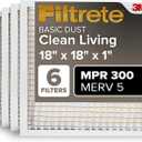 Filtrete 18x18x1 Air Filter, MPR 300, MERV 5, Clean Living Basic Dust 3-Month Pleated 1-Inch Air Filters, 6 Filters, White