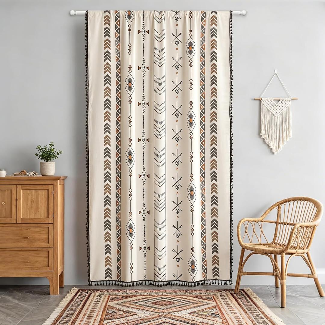 Coral Fish Boho Curtains with Ethnic Print & Decorative Fringe Floor-Length Bohemian Cotton Curtain for Tall Windows & Sliding Doors with Light-Filtering & Privacy, Rod Pocket, 59x96 Inches, 1 Panel