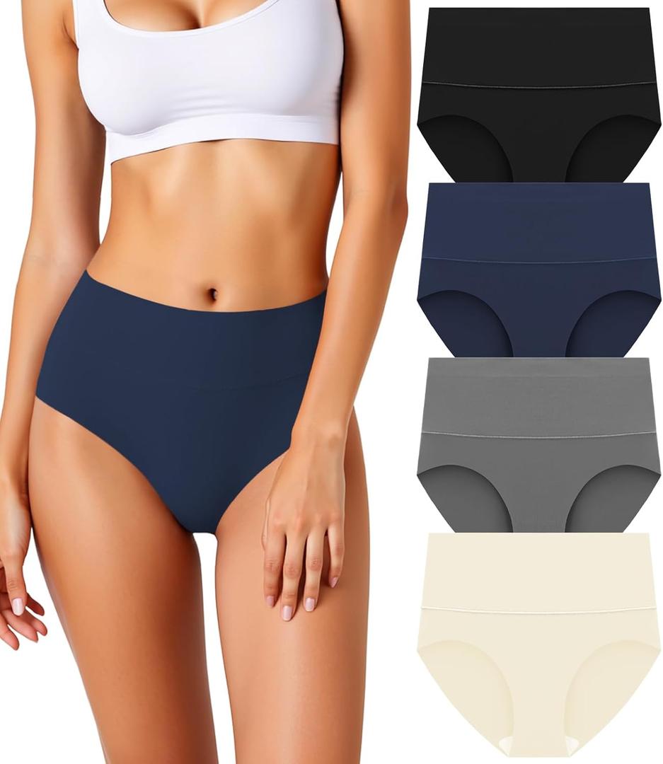 Women's Seamless Underwear High Waisted Tummy Control No Show Panties Full Coverage Stretch Briefs 4 Pack (S)