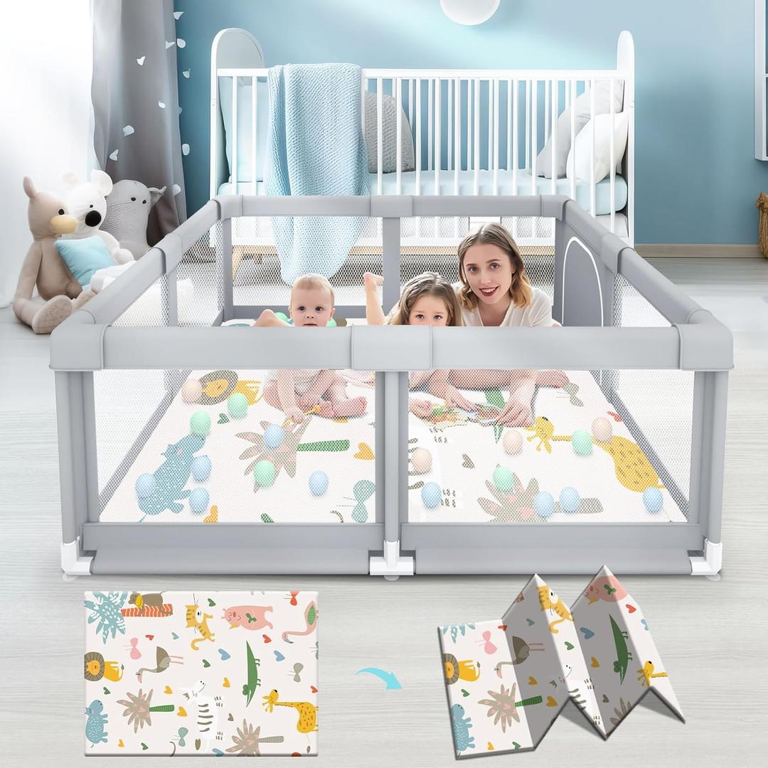 Baby Playpen with Mat, Baby Playpens for Babies and Toddlers, BabyFence Play Pen for Indoor & Outdoor, Sturdy Safety Play Yard with Soft Breathable Mesh, 50 * 50 * 27 inches Grey