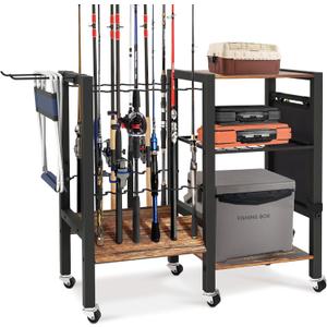 3-Tier Fishing Rod Holder, Garage Fishing Rod Rack, Fishing Rod Organizer for 12 Rods, Space Saving Fishing Pole Storage System for Garage Boat RV Basement, with Wheels Hooks and Storage Bag