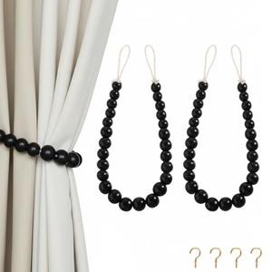 Hion 2 Pcs Boho Curtain Tiebacks,Wood Beads Curtain Holdbacks,Outdoor Farmhouse Tie Backs for Curtains,Curtain Holders for Drapes Home Office Room Decor with Hooks(Black)