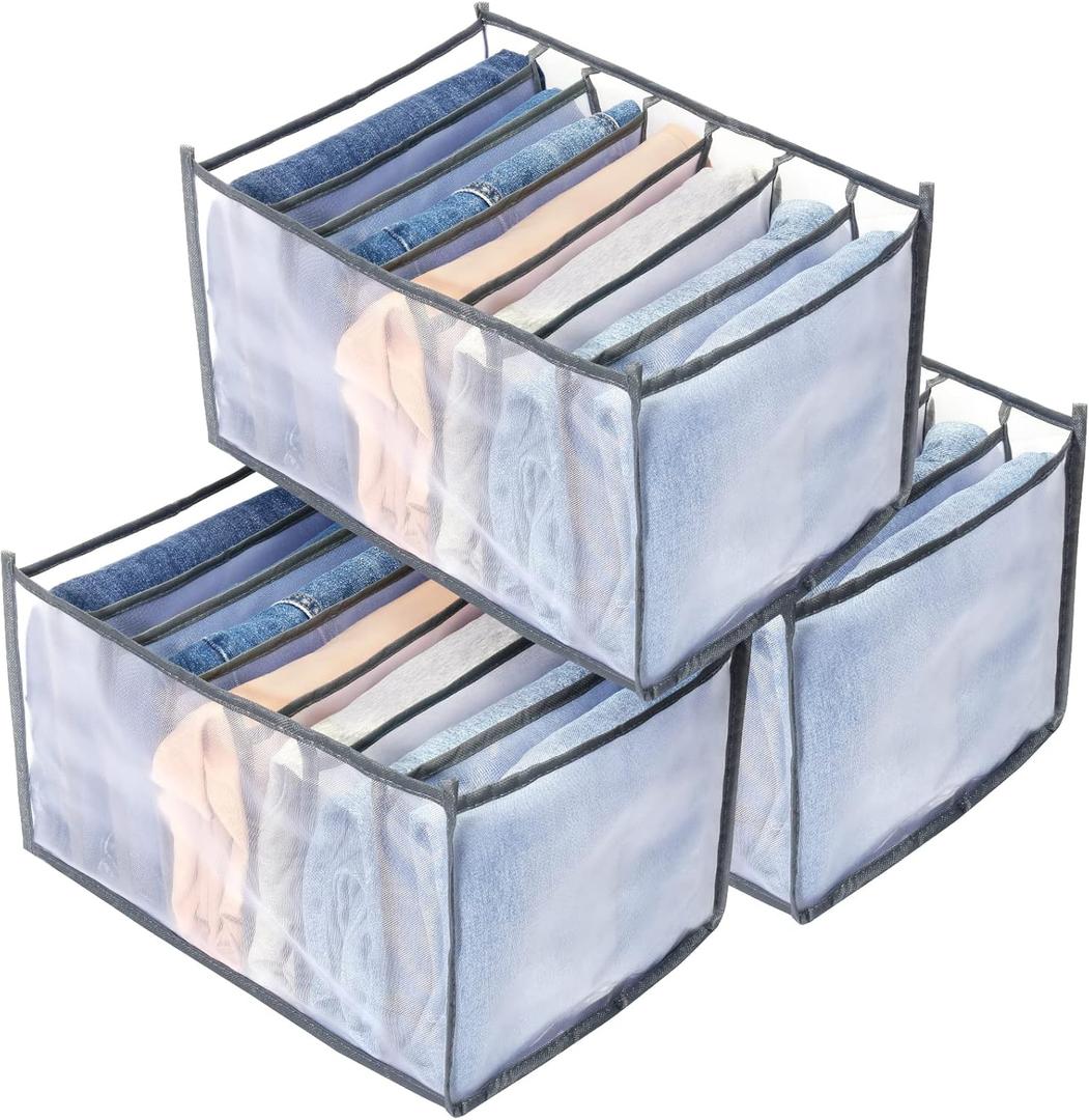 TOOVREN T-Shirt Organizer, Drawer Dividers for Clothes, Mesh Clothes Storage for Leggings, T-Shirts, Kids Jeans, Underwear (3Pack) (3PCS(Thin Jeans Grids,Gray))